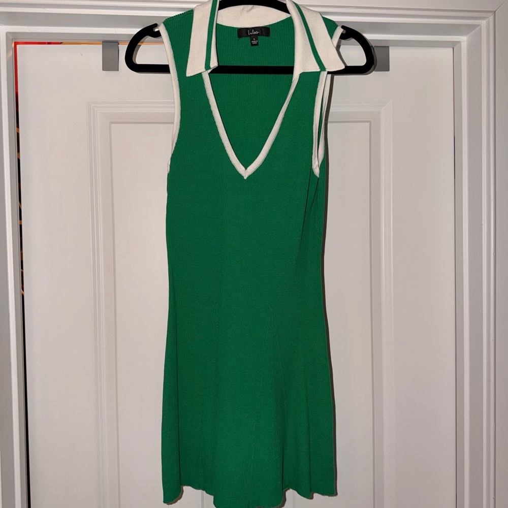 Lulu's Green V-Neck Sleeveless Polo Mini Dress with Cream Trim - Picture 3 of 4